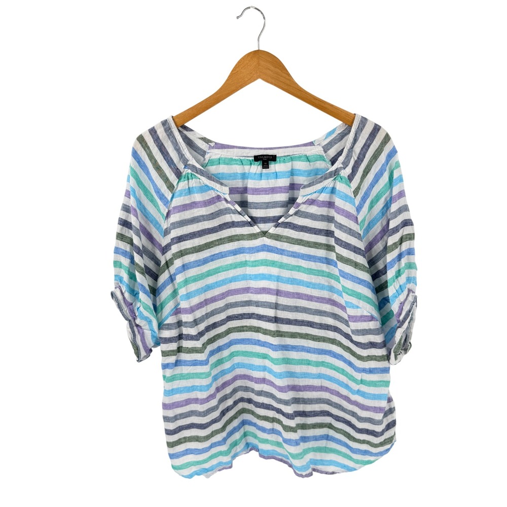 Talbots Linen Blouse Striped Multi-Color Large Coastal Summer Nautical Top